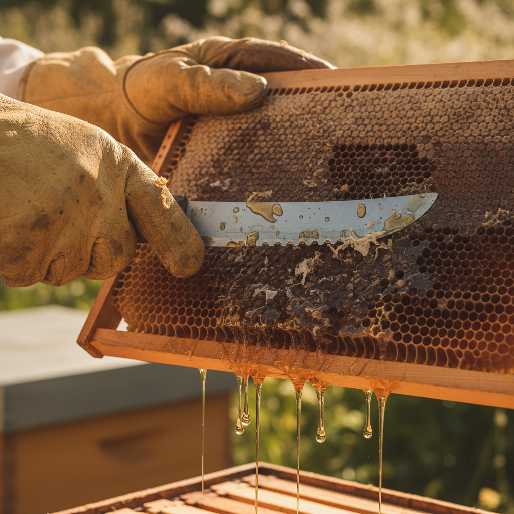 Honey harvest with dripping honeycomb